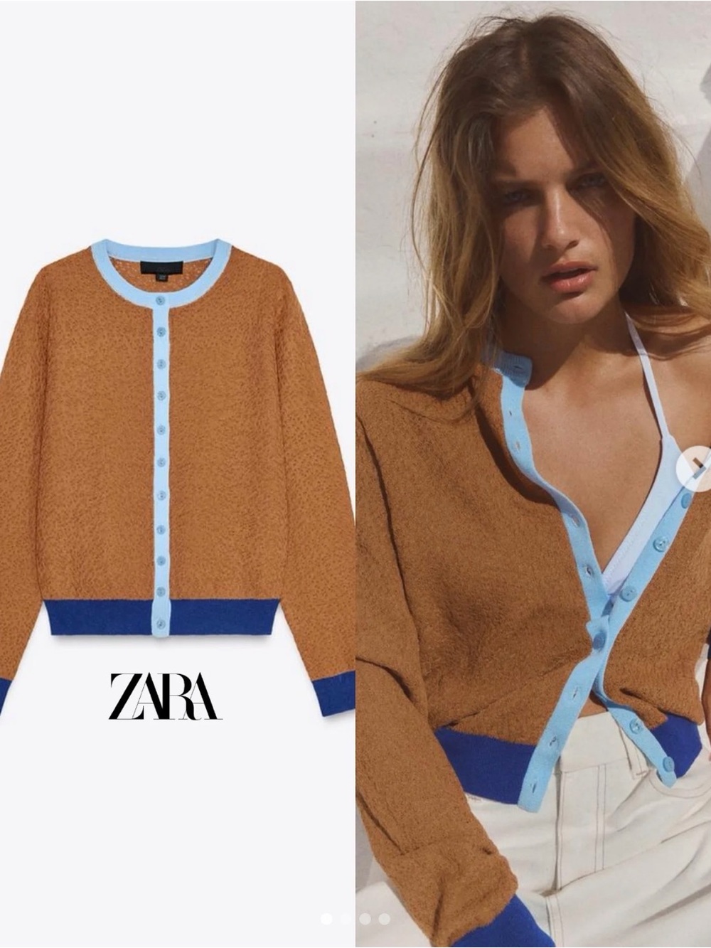 ZARA Brown Cardigan with Light Blue Trim and Navy Hem